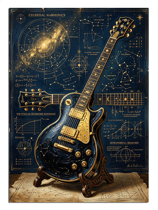 Galaksi ve formüllü fonda elektro gitar, uzay ve müzik tablosu.