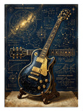 Galaksi ve formüllü fonda elektro gitar, uzay ve müzik tablosu.