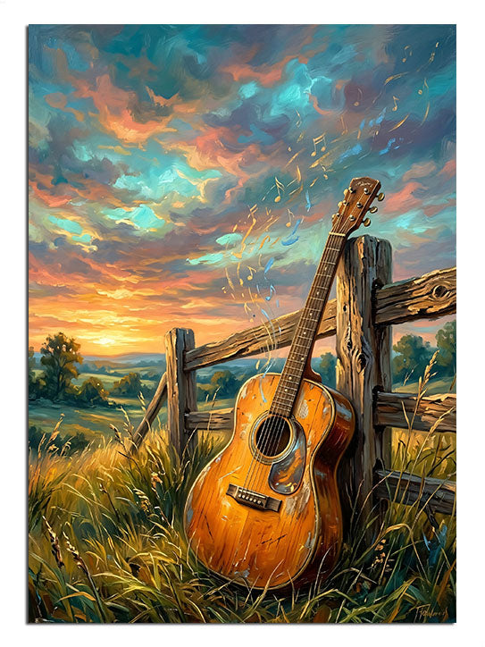 Gün batımı tarlasında çite dayalı akustik gitar manzarası tablosu.