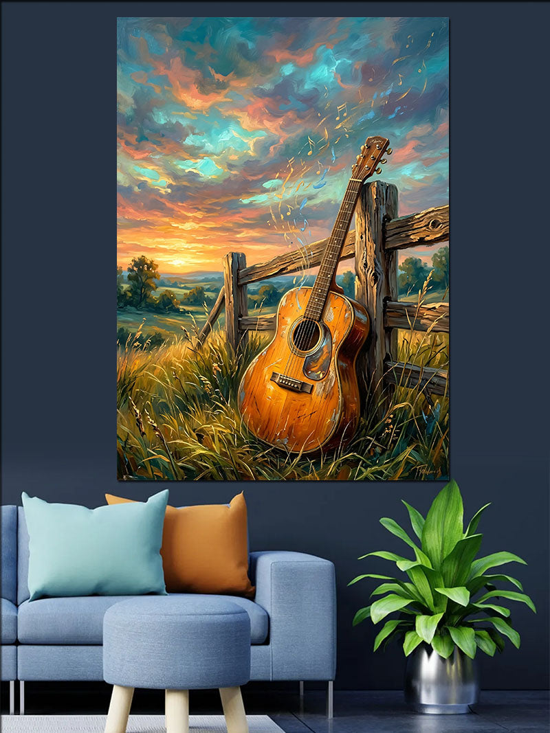 Gün Batımında Çit ve Gitar Kanvas Tablo
