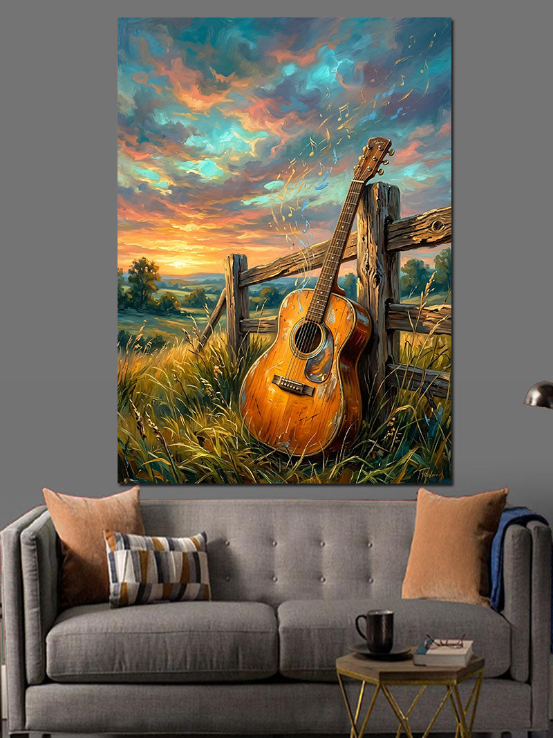 Gün Batımında Çit ve Gitar Kanvas Tablo