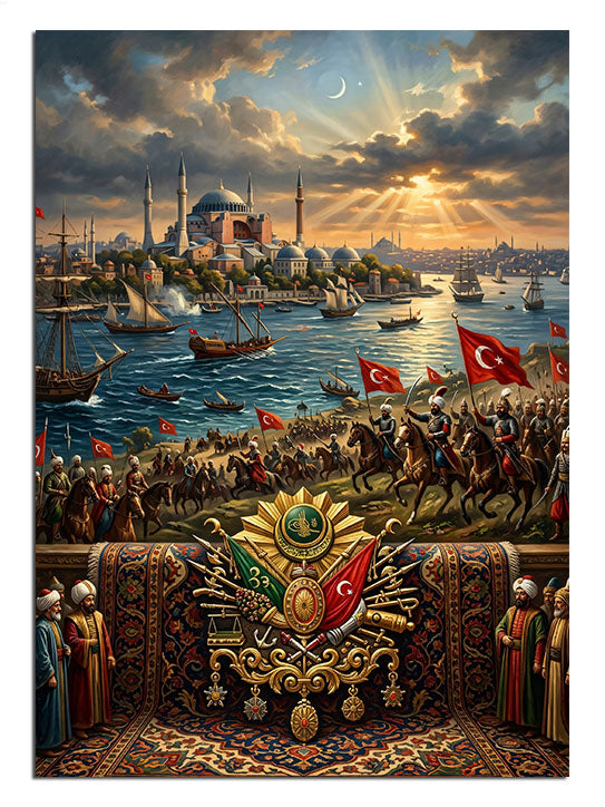 Boğaz ve camili İstanbul manzarası ve Türk bayraklı kutlama tablosu.