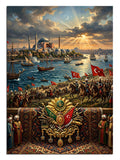 Boğaz ve camili İstanbul manzarası ve Türk bayraklı kutlama tablosu.