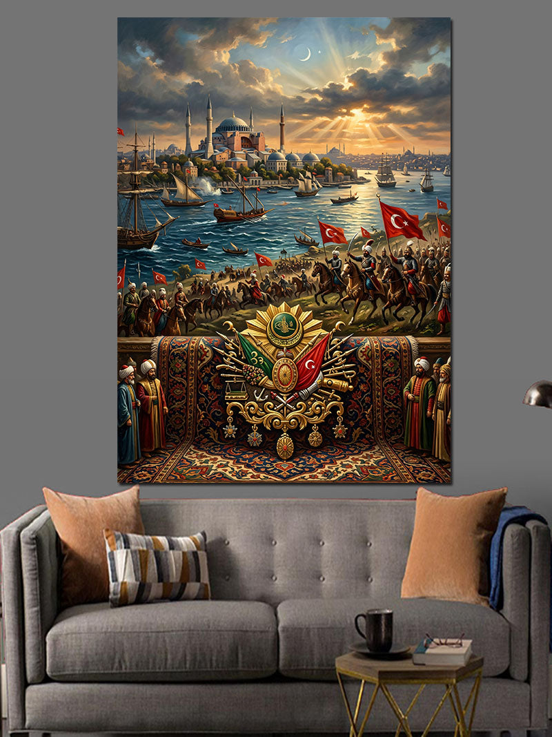 İstanbul Boğazı ve Türk Bayrakları Kanvas Tablo