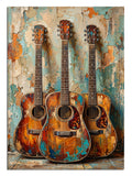 Eskitme duvarda asılı üç akustik gitar, vintage müzik duvarı tablosu.