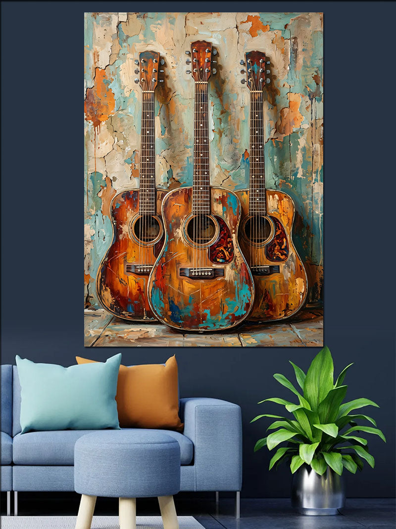 Duvara Asılı Üç Akustik Gitar Kanvas Tablo