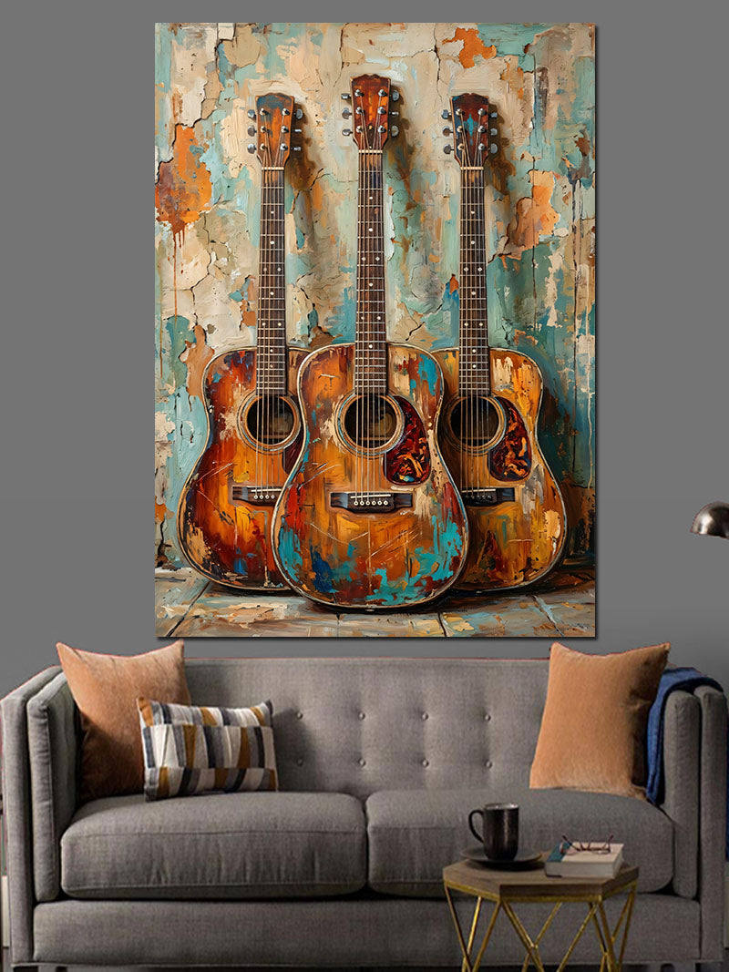 Duvara Asılı Üç Akustik Gitar Kanvas Tablo