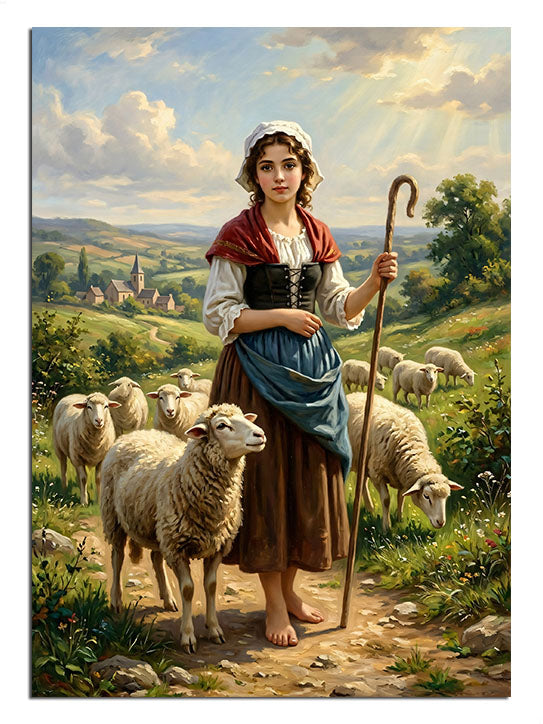 Koyun sürüsüyle tarlada çoban kız, kırsal ve pastoral tablo.