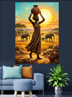 Gün Batımında Afrika Kadın ve Fil Kanvas Tablo