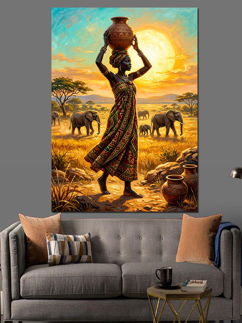 Gün Batımında Afrika Kadın ve Fil Kanvas Tablo
