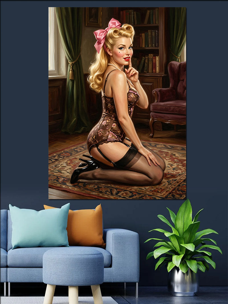 Pembe Kurdeleli Pin-Up Sarışın Kanvas Tablo