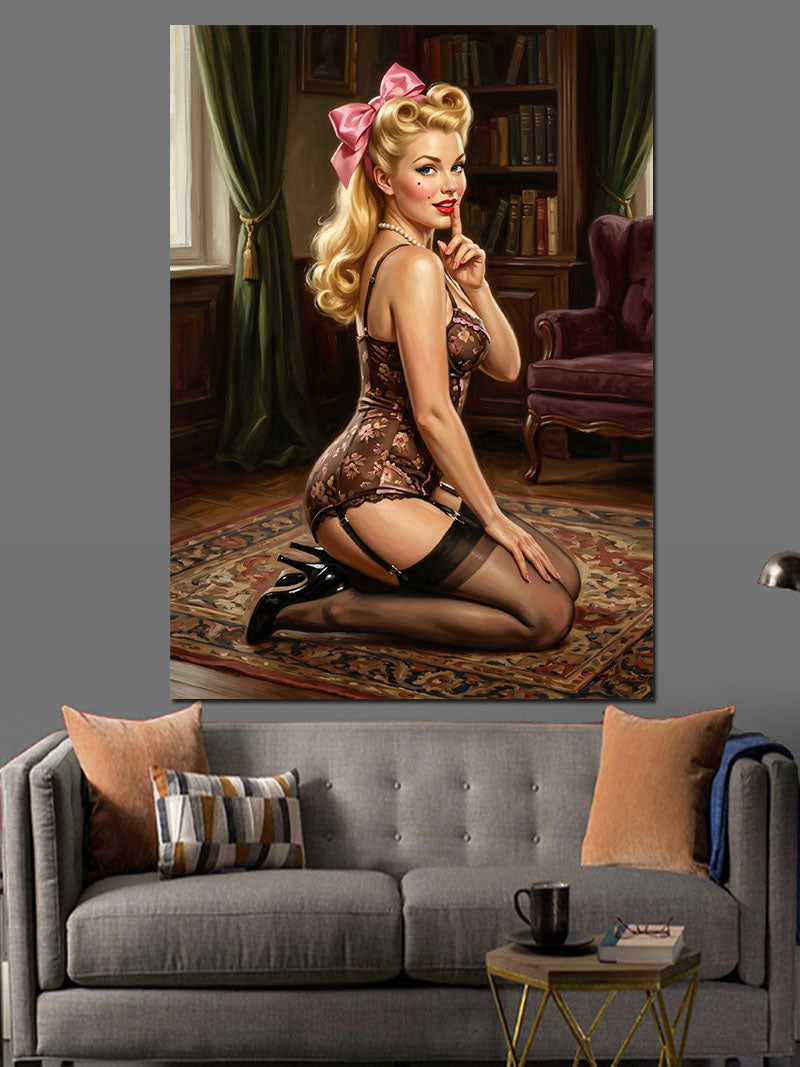 Pembe Kurdeleli Pin-Up Sarışın Kanvas Tablo