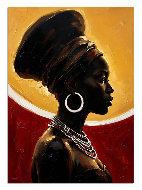 Gün batımında türbanlı Afrika kadını silüet portresi tablosu.