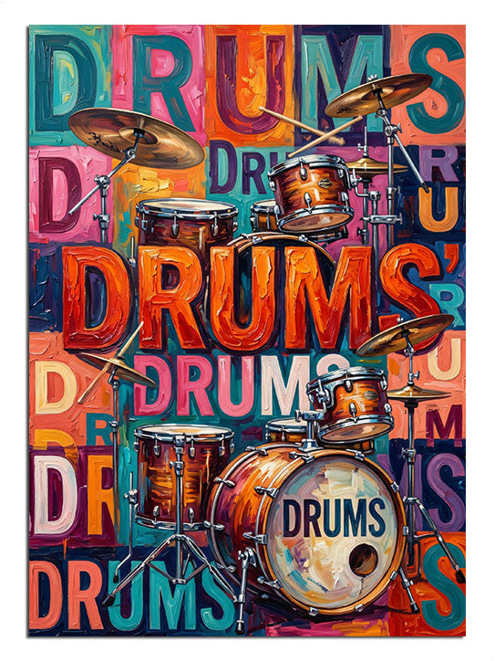 Renkli Drums yazılı davul seti ve bateri posteri tablosu.