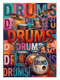 Renkli Drums yazılı davul seti ve bateri posteri tablosu.