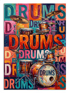 Renkli Drums yazılı davul seti ve bateri posteri tablosu.