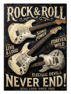 Rock And Roll Never End yazılı üç elektro gitar posteri tablosu.