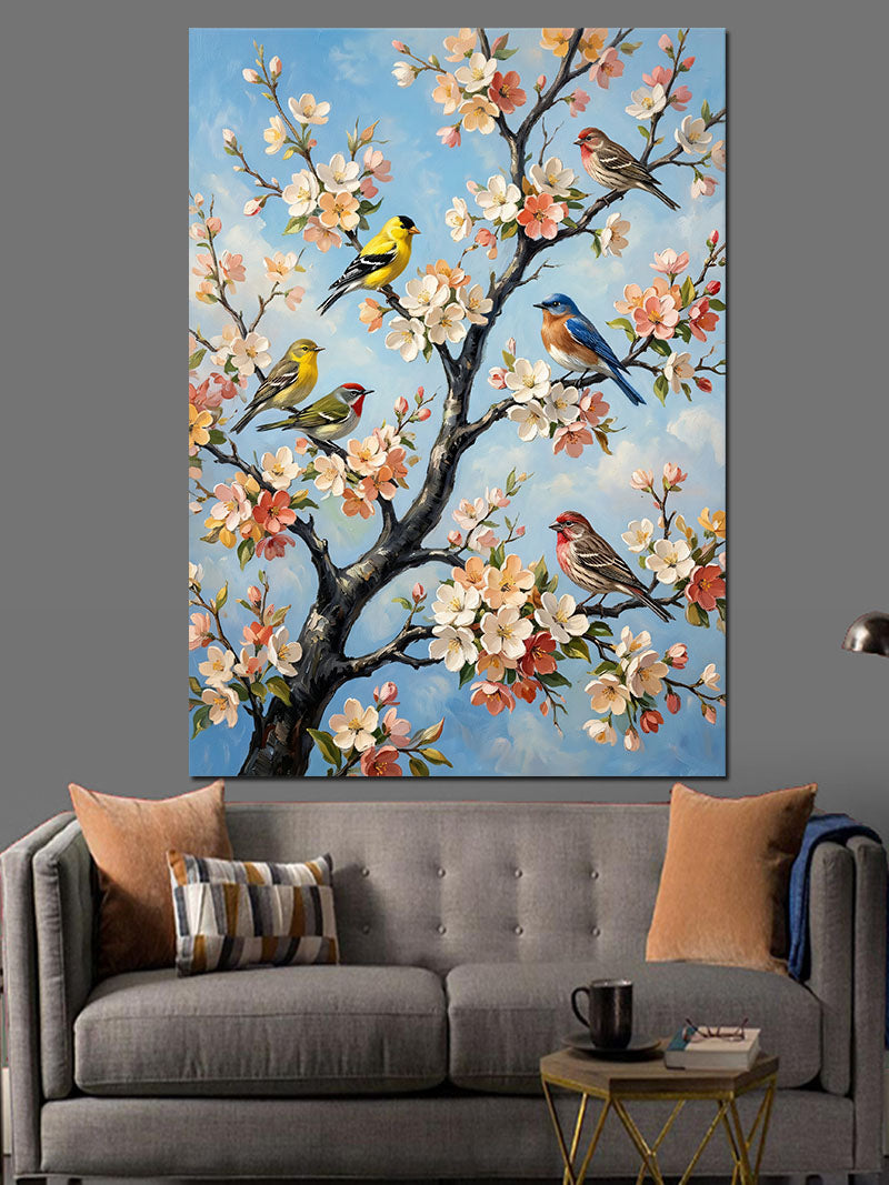 Kiraz Dalında Renkli Kuşlar Kanvas Tablo