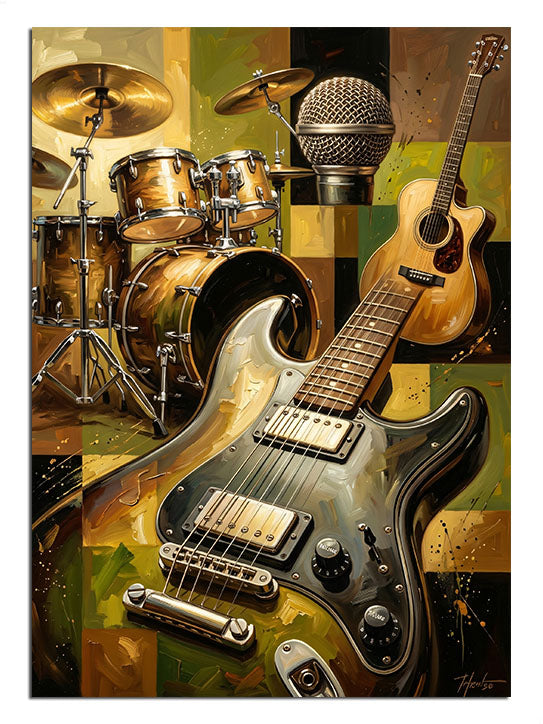 Duvar önünde davul ve gitarlar ile müzik köşesi tablosu.