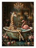 Lüks banyoda küvette zürafa ve pembe flamingo, mizahi banyo tablosu.