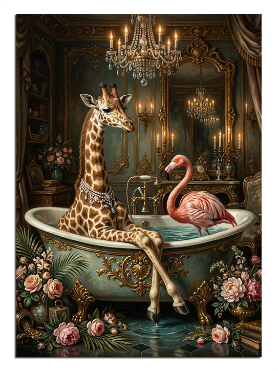 Lüks banyoda küvette zürafa ve pembe flamingo, mizahi banyo tablosu.