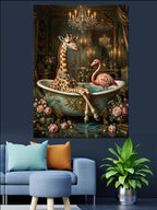 Küvette Zürafa ve Flamingo Banyo Kanvas Tablo