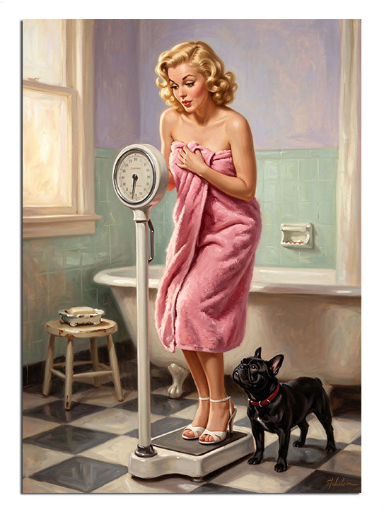 Banyoda tartıda pembe havlulu kadın ve köpek, mizahi pin-up tablo.