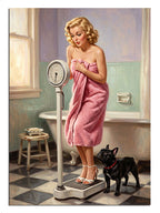 Banyoda tartıda pembe havlulu kadın ve köpek, mizahi pin-up tablo.