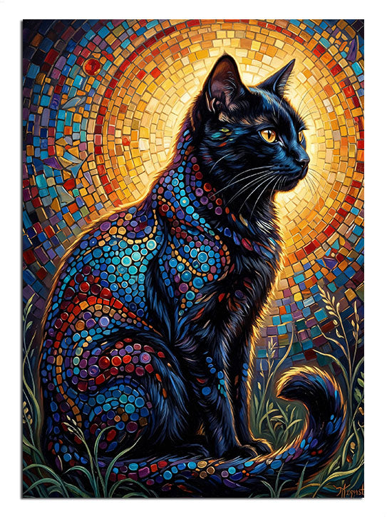 Mozaik desenli ve altın ışıklı kara kedi tablosu.