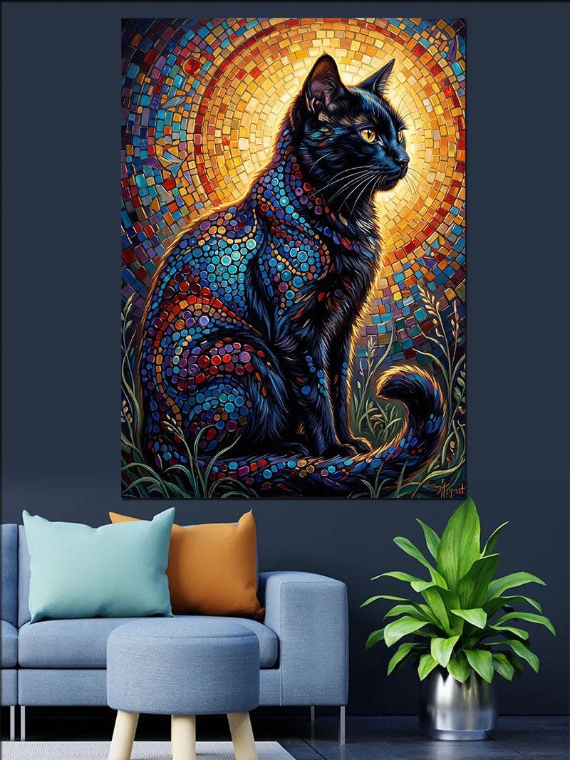 Mozaik Desenli Kara Kedi Gece Kanvas Tablo