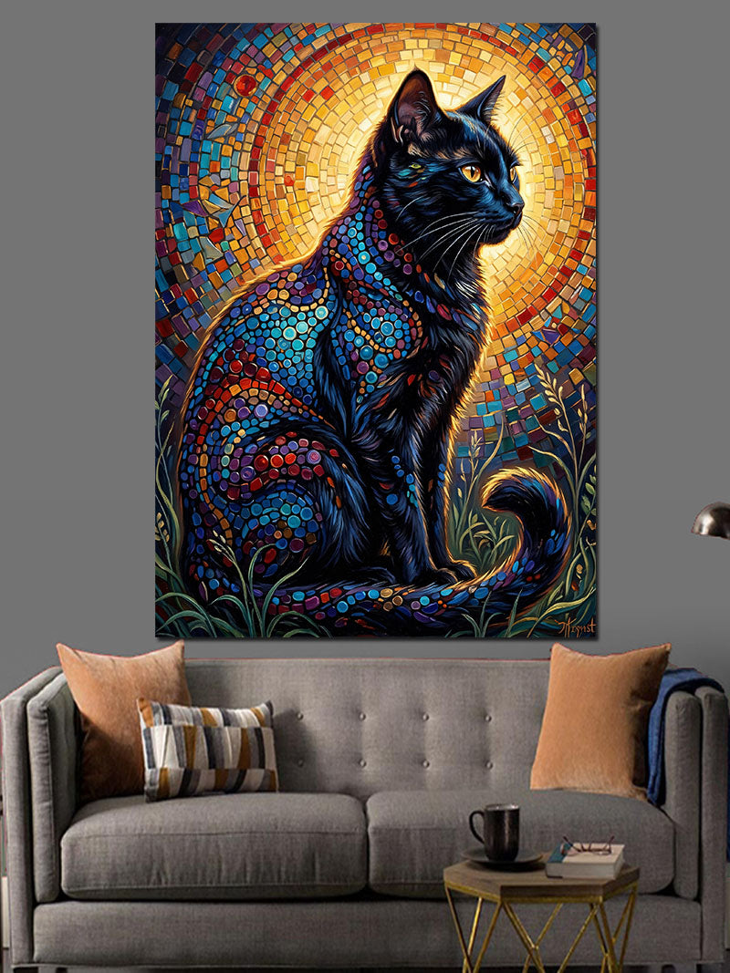 Mozaik Desenli Kara Kedi Gece Kanvas Tablo