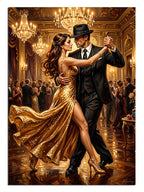 Balo salonunda altın elbiseli tango yapan çift tablosu.