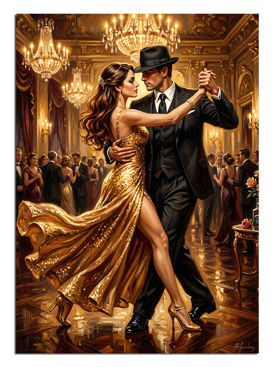 Balo salonunda altın elbiseli tango yapan çift tablosu.