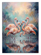 Suda yansıması olan üç pembe flamingo manzarası tablosu.