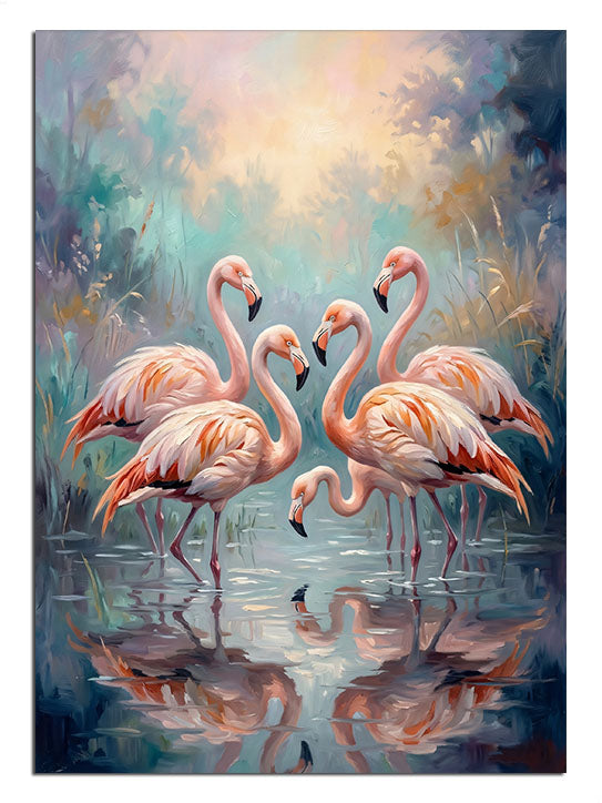 Suda yansıması olan üç pembe flamingo manzarası tablosu.