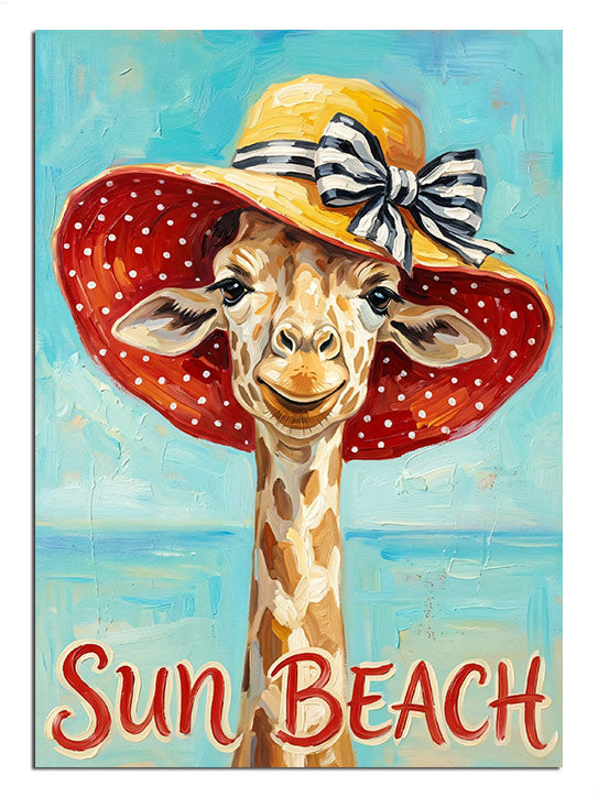 Kırmızı benekli şapkalı sevimli zürafa ve Sun Beach yazılı tablo.