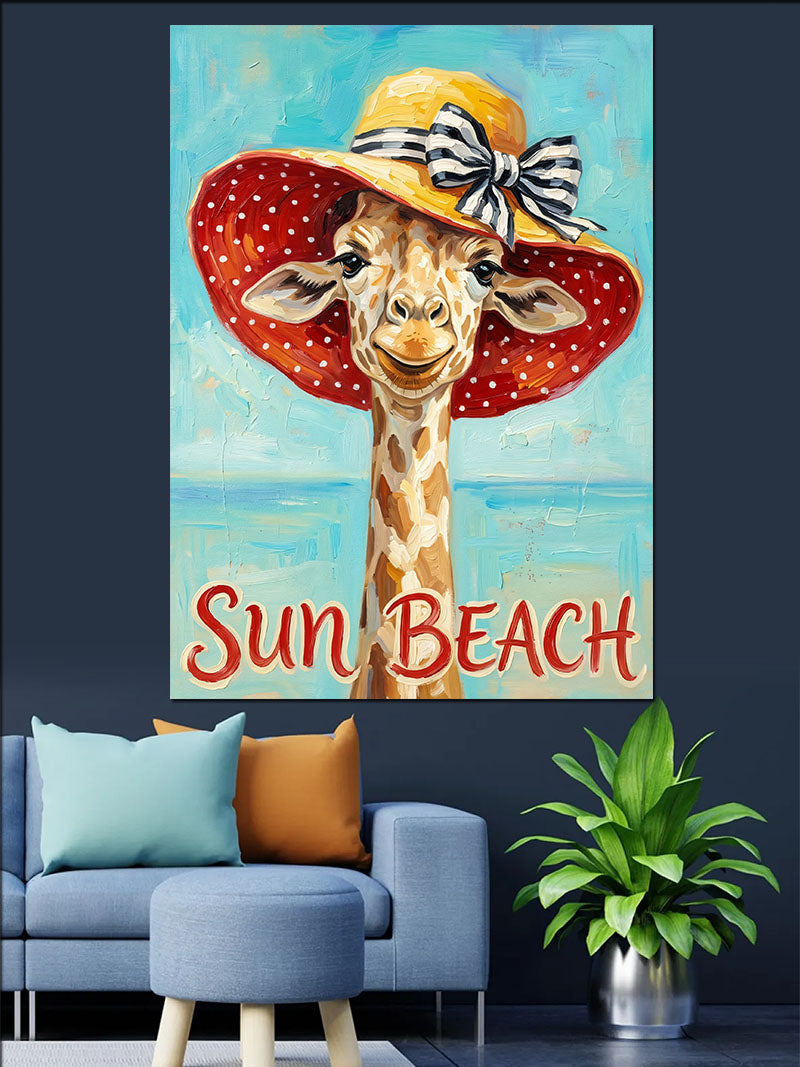 Şapkalı Sevimli Zürafa Sun Beach Kanvas Tablo