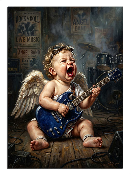 Elektro gitar çalan kanatlı melek bebek, eğlenceli ve rock bebek tablosu.