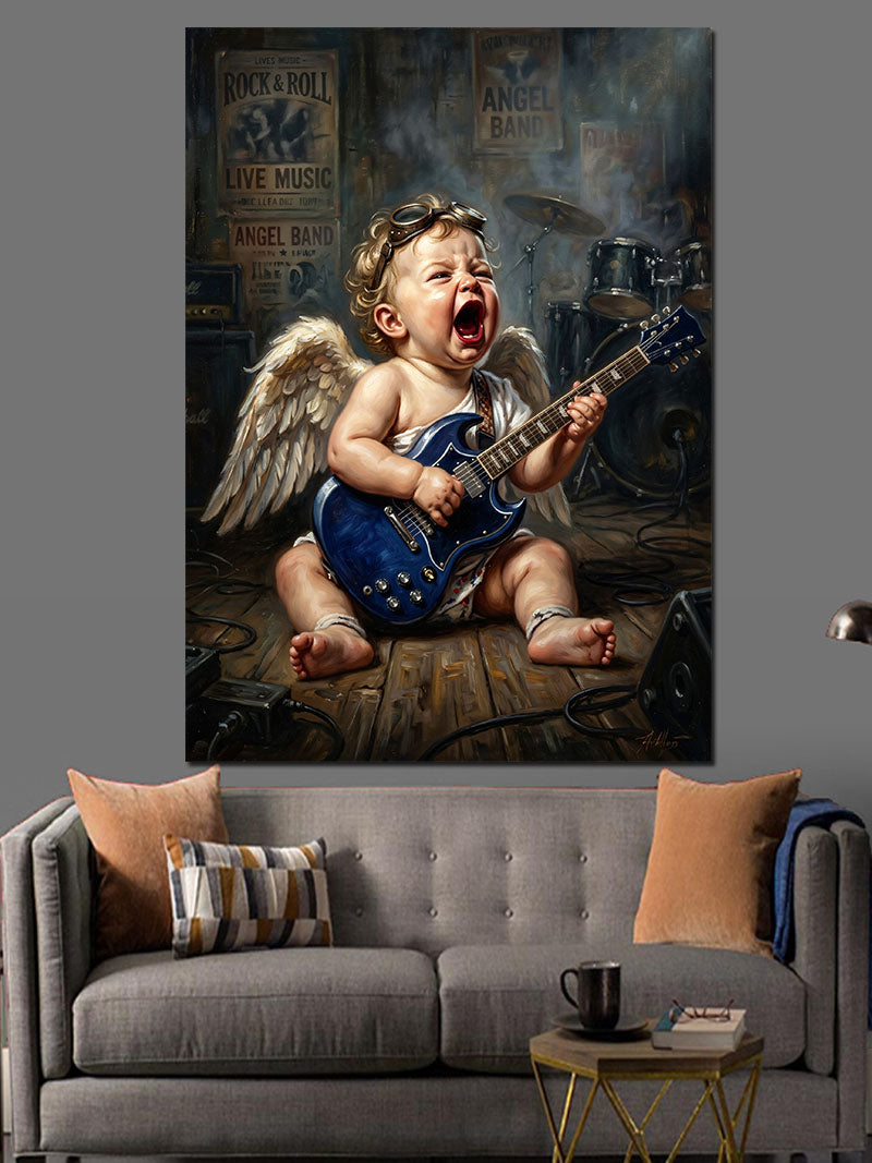 Elektro Gitar Çalan Melek Bebek Kanvas Tablo