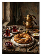 Pencere kenarında simit, çay ve kahvaltılıklarla Türk kahvaltısı manzarası tablosu.