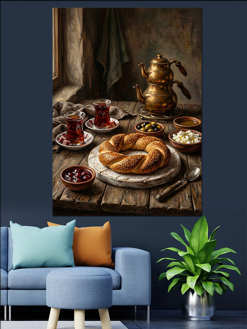 Türk Kahvaltısı Simit ve Çay Kanvas Tablo