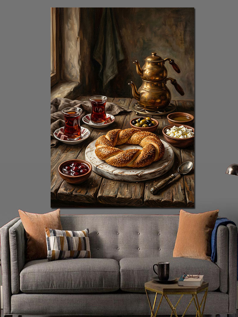 Türk Kahvaltısı Simit ve Çay Kanvas Tablo