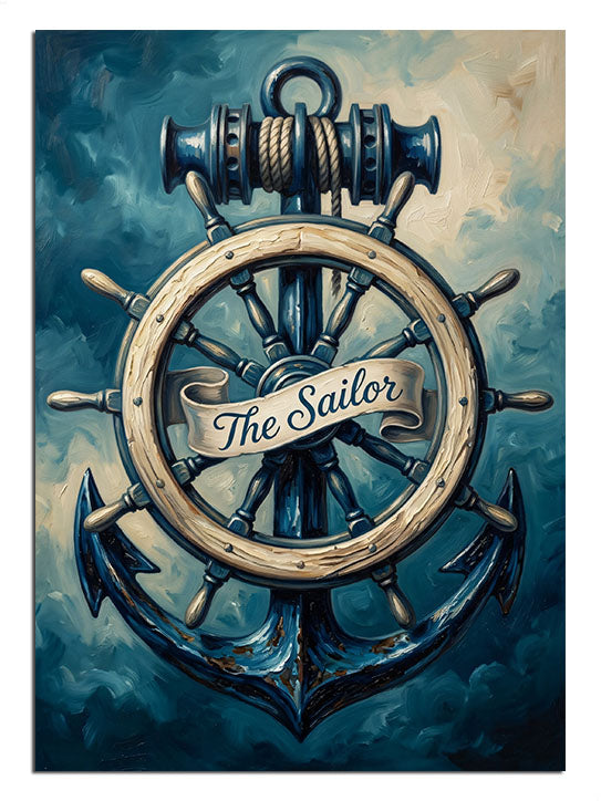 Mavi fonda The Sailor yazılı çapa ve gemi dümeni tablosu.
