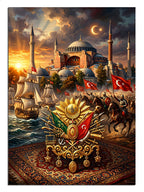 Gün batımında Ayasofya ve atlı askerlerle İstanbul fetih tablosu.