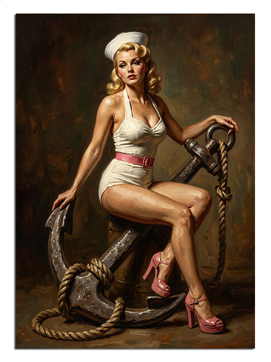 Çapaya oturan beyaz mayolu ve denizci şapkalı pin-up sarışın kadın tablosu.