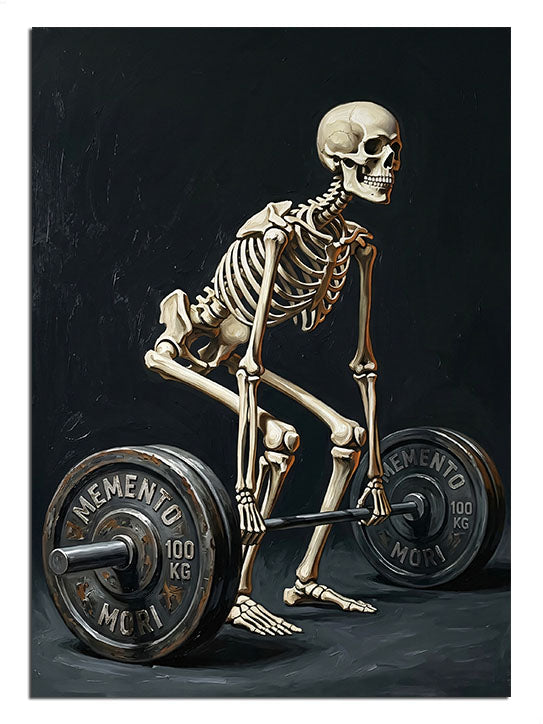 Halter kaldıran iskelet ve Memento Mori yazılı, spor ve motivasyon tablosu.