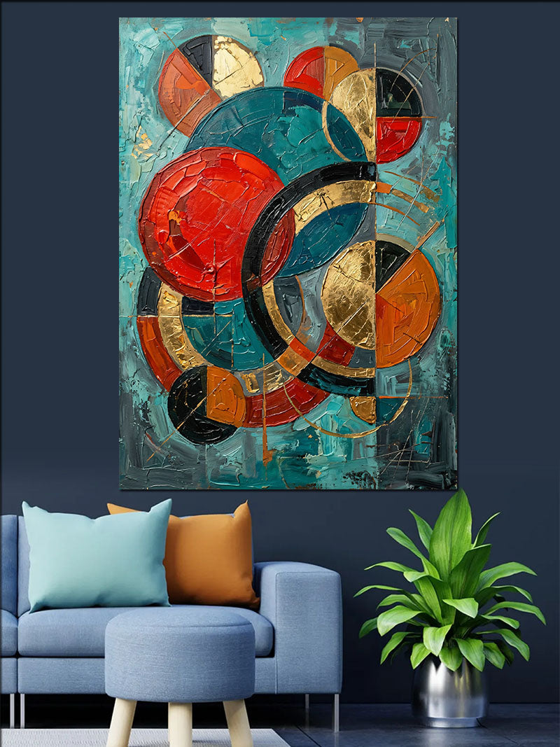 Kırmızı Turkuaz Geometrik Soyut Kanvas Tablo