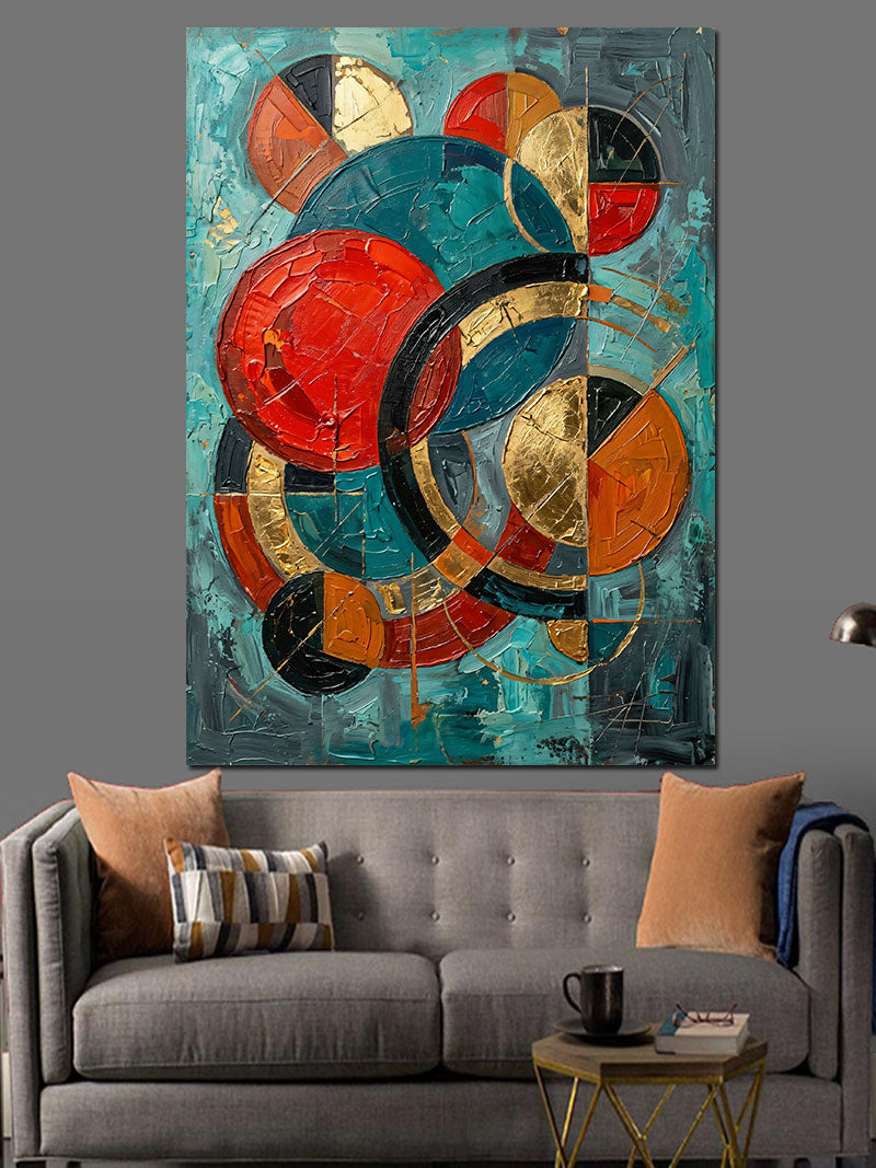 Kırmızı Turkuaz Geometrik Soyut Kanvas Tablo