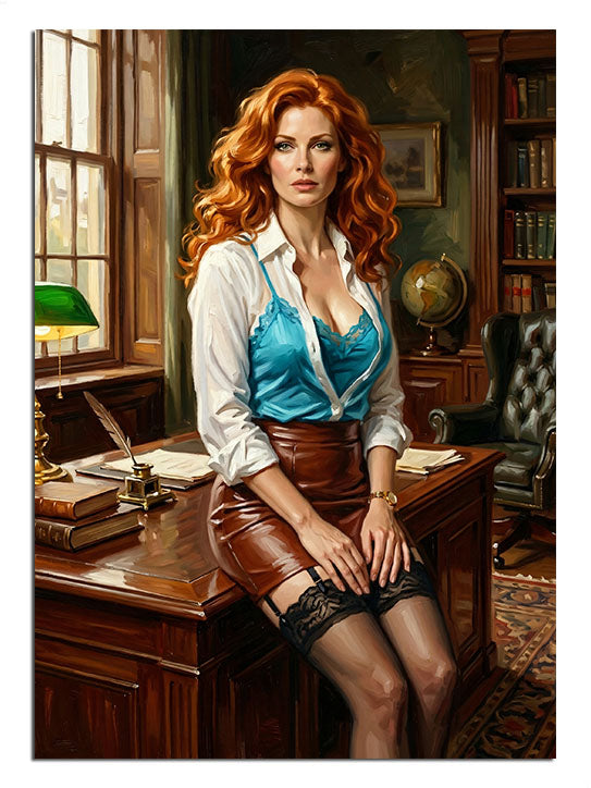 Ofis masasında oturan kızıl saçlı sekreter kadın, vintage pin-up tablosu.