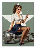 Piston üzerinde anahtar tutan pin-up sarışın tamirci kadın tablosu.